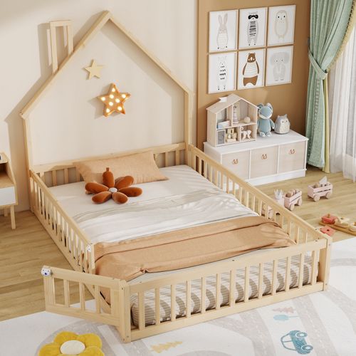 Lit Cabane Enfant  140x190 Cm, Forme Cheminée Avec Barrières De Sécurité, Bois Et Mdf, Couleur Bois