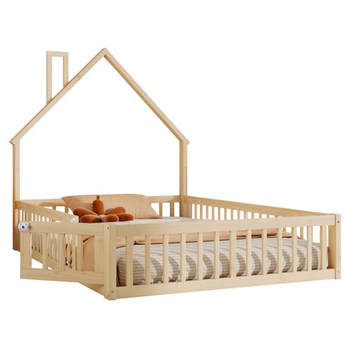 Lit Cabane Enfant  140x190 Cm, Forme Cheminée Avec Barrières De Sécurité, Bois Et Mdf, Couleur Bois