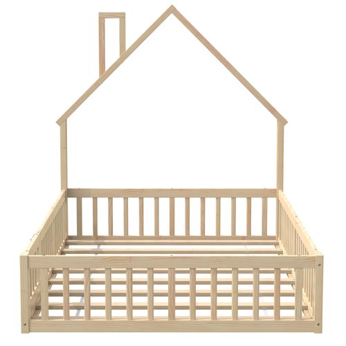 Lit Cabane Enfant  140x190 Cm, Forme Cheminée Avec Barrières De Sécurité, Bois Et Mdf, Couleur Bois