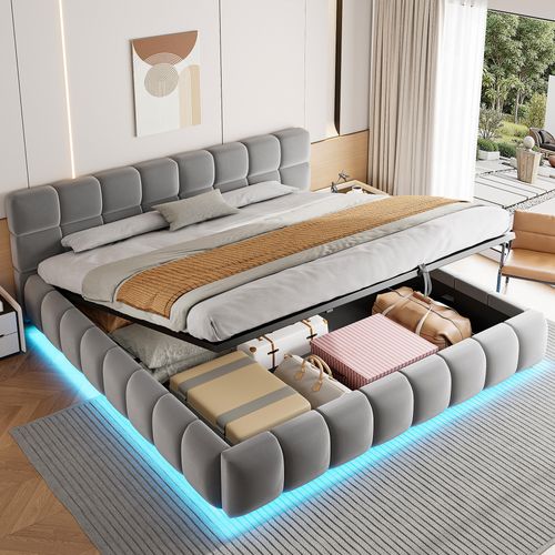 Lit Coffre 180x200 Cm, Éclairage LED, Rangement Caché, Tête De Lit Doux, Velours, Gris