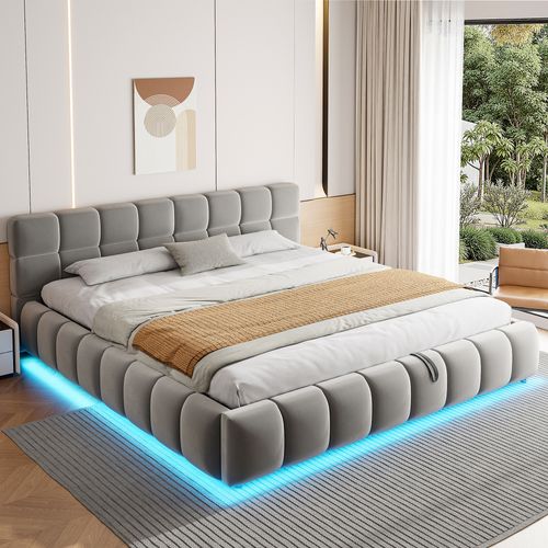 Lit Coffre 180x200 Cm, Éclairage LED, Rangement Caché, Tête De Lit Doux, Velours, Gris