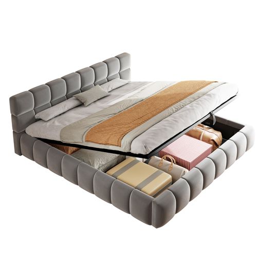 Lit Coffre 180x200 Cm, Éclairage LED, Rangement Caché, Tête De Lit Doux, Velours, Gris