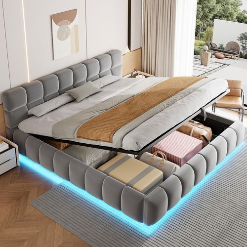 Lit Coffre 180x200 Cm, Éclairage LED, Rangement Caché, Tête De Lit Doux, Velours, Gris