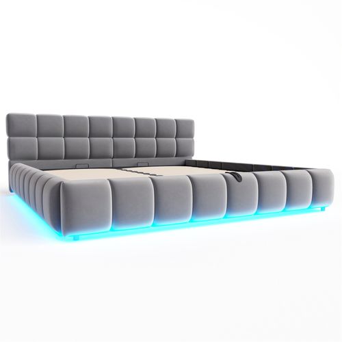 Lit Coffre 180x200 Cm, Éclairage LED, Rangement Caché, Tête De Lit Doux, Velours, Gris