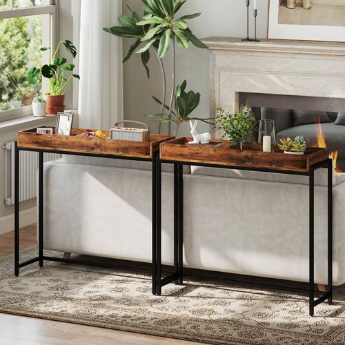 Table D'appoint Étroite 100x30x91 Cm Avec Rebords De Sécurité, Bois , Couleur Marron