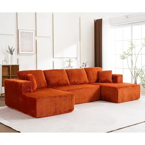 Canapé Compressé D'angle En U 332x156x88 Cm, Mousse, Velours Côtelé, Orange
