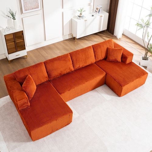 Canapé Compressé D'angle En U 332x156x88 Cm, Mousse, Velours Côtelé, Orange