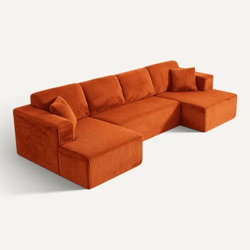Canapé Compressé D'angle En U 332x156x88 Cm, Mousse, Velours Côtelé, Orange
