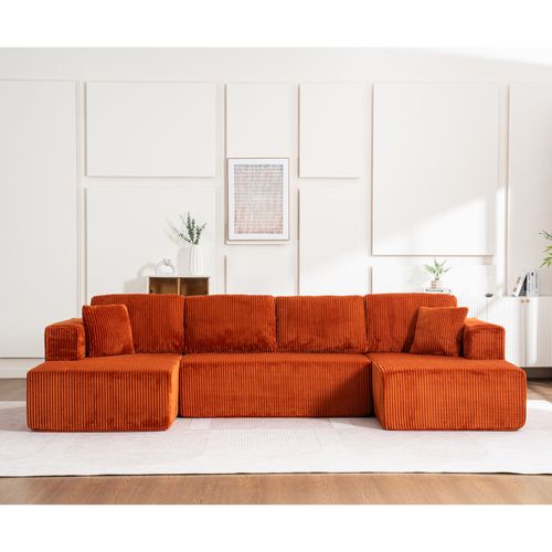 Canapé Compressé D'angle En U 332x156x88 Cm, Mousse, Velours Côtelé, Orange
