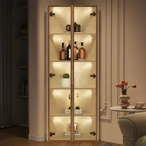 Vitrine D'angle 62x35x160 Cm, éclairage LED, 2 Portes, Mdf Et Verre, Cadre Aluminium, Blanc