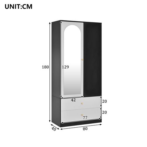 Armoire 80x40x180 Cm, Porte Miroir, 2 Tiroirs Et 4 Étagères, Panneaux De Particules, Noir+blanc