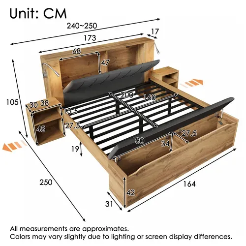 Lit Double 160x200 Cm, Lampes USB, Rangement Et Banquette Coffre, Lin, Mdf, Couleur Bois