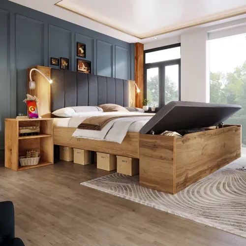 Lit Double 160x200 Cm, Lampes USB, Rangement Et Banquette Coffre, Lin, Mdf, Couleur Bois