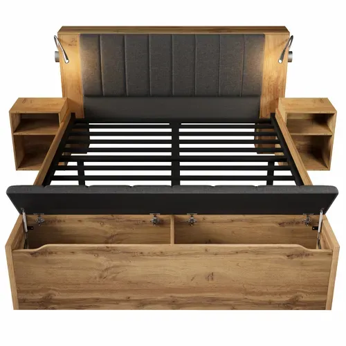 Lit Double 160x200 Cm, Lampes USB, Rangement Et Banquette Coffre, Lin, Mdf, Couleur Bois