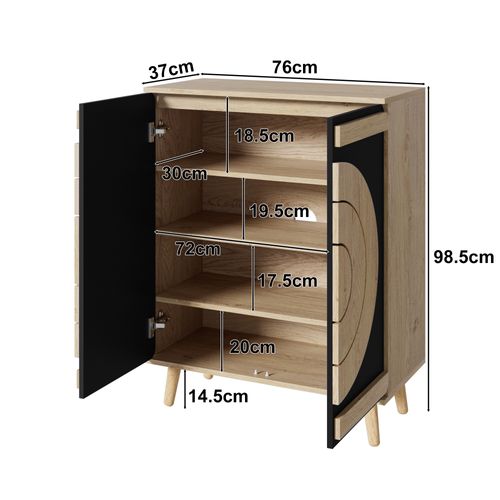 Meuble à Chaussures 76x37x98.5 Cm, 2 Portes Géométriques, Pb, Couleur Noir+bois