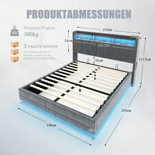 Lit Coffre 140x190 Cm, Tête Avec Rangements Et LED, Velours, Prise USB Et Type C, Gris Foncé