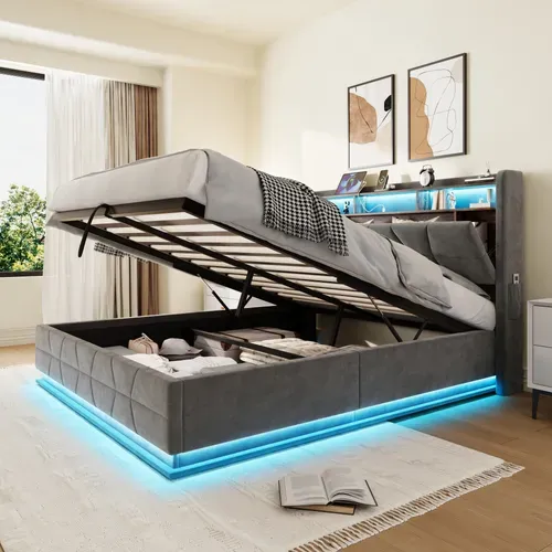 Lit Coffre 140x190 Cm, Tête Avec Rangements Et LED, Velours, Prise USB Et Type C, Gris Foncé