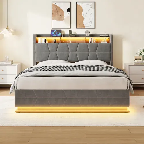 Lit Coffre 140x190 Cm, Tête Avec Rangements Et LED, Velours, Prise USB Et Type C, Gris Foncé