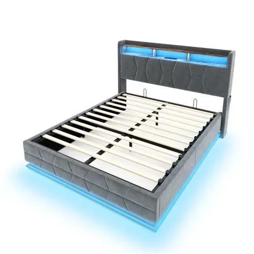 Lit Coffre 140x190 Cm, Tête Avec Rangements Et LED, Velours, Prise USB Et Type C, Gris Foncé