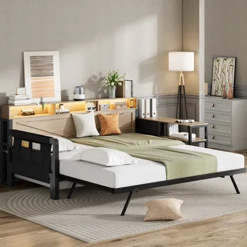 Lit Gigogne 90x200 Cm, Avec Tiroir, Rangements USB LED, Métal Mdf, Couleur Noir Et Bois