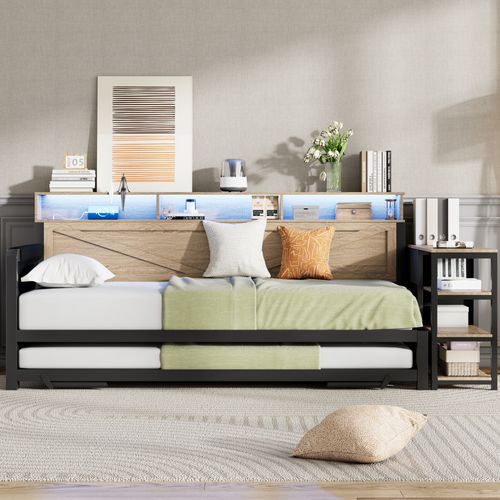 Lit Gigogne 90x200 Cm, Avec Tiroir, Rangements USB LED, Métal Mdf, Couleur Noir Et Bois