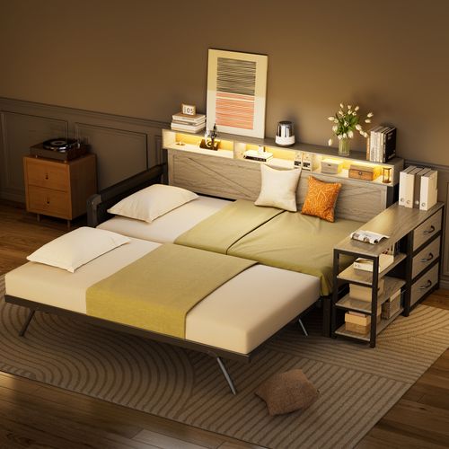 Lit Gigogne 90x200 Cm, Avec Tiroir, Rangements USB LED, Métal Mdf, Couleur Noir Et Bois