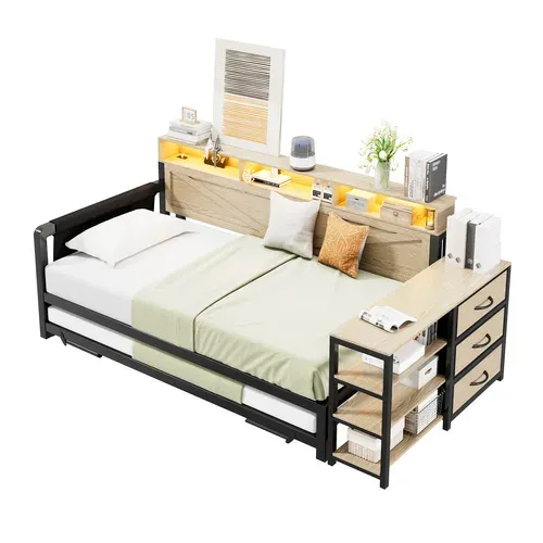 Lit Gigogne 90x200 Cm, Avec Tiroir, Rangements USB LED, Métal Mdf, Couleur Noir Et Bois