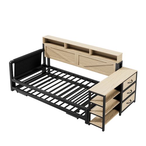 Lit Gigogne 90x200 Cm, Avec Tiroir, Rangements USB LED, Métal Mdf, Couleur Noir Et Bois