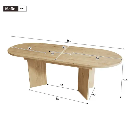 Table Extensible 120-160x80x75.5 Cm, Plateau 18 Mm, Structure Renforcée, Mdf, Bois Clair