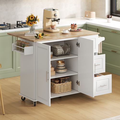 Îlot De Cuisine 137x43-76x92 Cm, Plateau Rabattable 111x76 Cm, 3 Tiroirs, Roulettes, Mdf, Blanc+bois