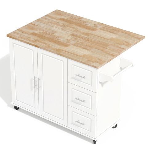 Îlot De Cuisine 137x43-76x92 Cm, Plateau Rabattable 111x76 Cm, 3 Tiroirs, Roulettes, Mdf, Blanc+bois
