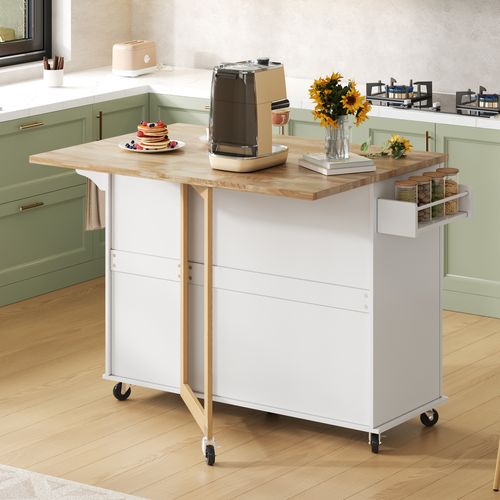 Îlot De Cuisine 137x43-76x92 Cm, Plateau Rabattable 111x76 Cm, 3 Tiroirs, Roulettes, Mdf, Blanc+bois