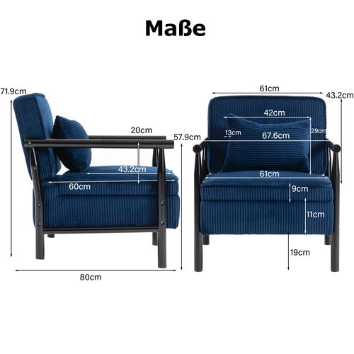 Fauteuil Simple 80x61x71.9 Cm, Rangement, Velours, Assise Et Dossier Mousse, Bois, Bleu+noir