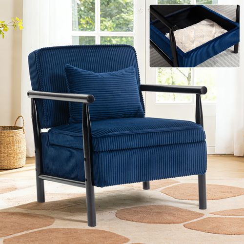 Fauteuil Simple 80x61x71.9 Cm, Rangement, Velours, Assise Et Dossier Mousse, Bois, Bleu+noir