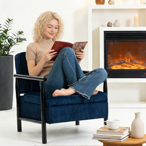 Fauteuil Simple 80x61x71.9 Cm, Rangement, Velours, Assise Et Dossier Mousse, Bois, Bleu+noir