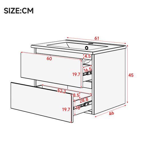 Meuble Vasque Suspendu 61x46x45 Cm, LED Détecteur, 2 Tiroirs, Mdf Laqué, Blanc