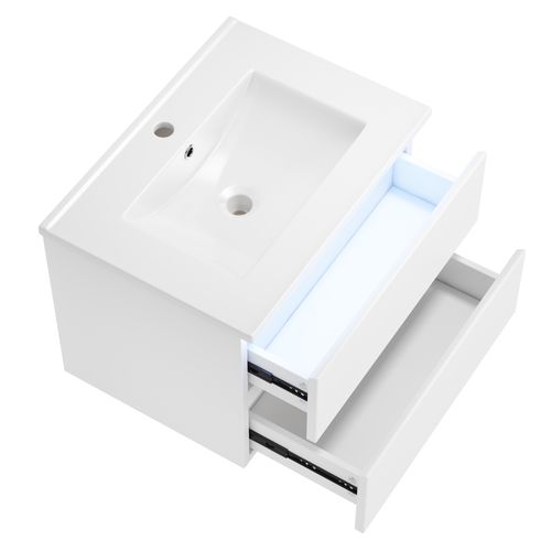 Meuble Vasque Suspendu 61x46x45 Cm, LED Détecteur, 2 Tiroirs, Mdf Laqué, Blanc