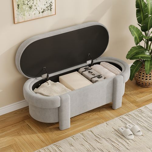 Banc Coffre 121,5x49x44,5 Cm, Rangement Avec Couvercle, Structure En Bois, Fleece, Gris