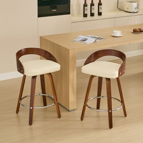 Lot De 2 Tabourets De Bar Pivotants 63 Cm, Dossier Bas, Cuir Pu, Bois, Beige Et Noyer