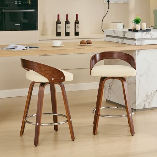 Lot De 2 Tabourets De Bar Pivotants 63 Cm, Dossier Bas, Cuir Pu, Bois, Beige Et Noyer