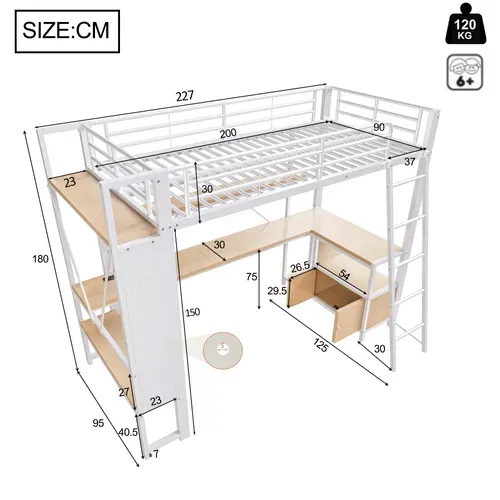 Lit Mezzanine 90x200 Cm, Bureau, LED, Rangement Et USB, Métal Et Mdf, Couleur Blanc+bois