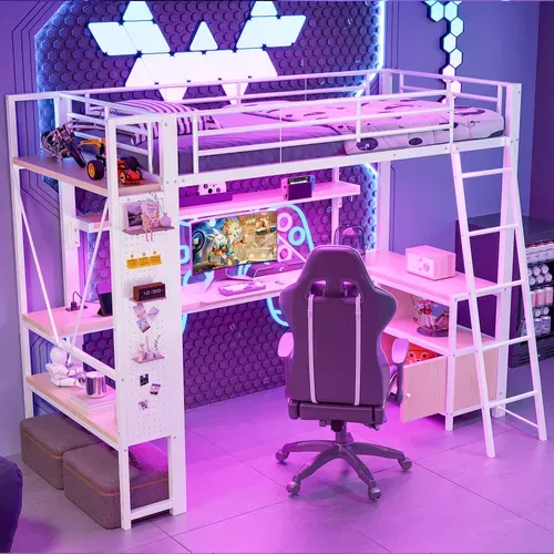 Lit Mezzanine 90x200 Cm, Bureau, LED, Rangement Et USB, Métal Et Mdf, Couleur Blanc+bois