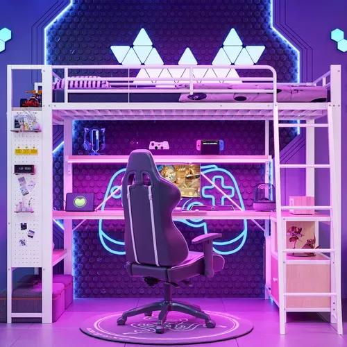 Lit Mezzanine 90x200 Cm, Bureau, LED, Rangement Et USB, Métal Et Mdf, Couleur Blanc+bois