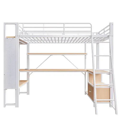 Lit Mezzanine 90x200 Cm, Bureau, LED, Rangement Et USB, Métal Et Mdf, Couleur Blanc+bois