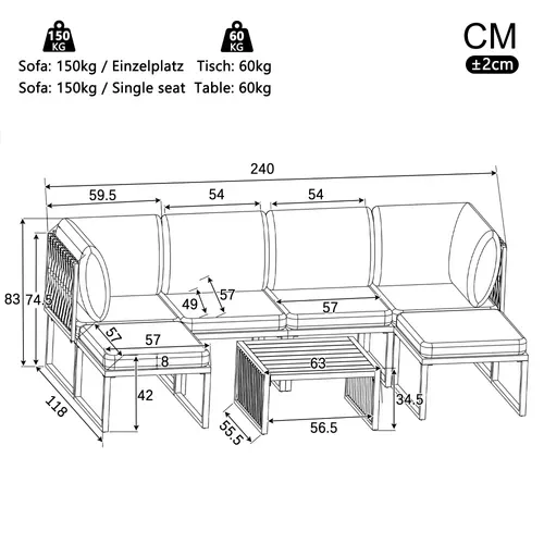 Salon De Jardin 6 Places, Dossiers Réglables, Métal Polyester, Couleur Beige, Table En Bois
