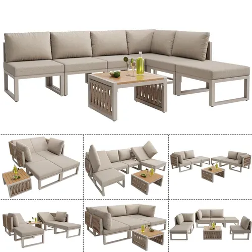 Salon De Jardin 6 Places, Dossiers Réglables, Métal Polyester, Couleur Beige, Table En Bois