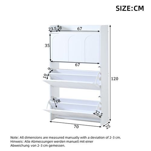Meuble à Chaussures 70x25x120 Cm, 6 Compartiments Rabattables, 3 Portes à Bascule, Mdf, Blanc