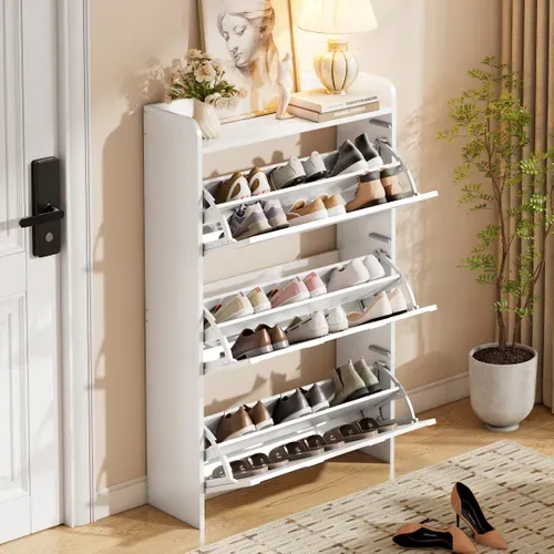 Meuble à Chaussures 70x25x120 Cm, 6 Compartiments Rabattables, 3 Portes à Bascule, Mdf, Blanc