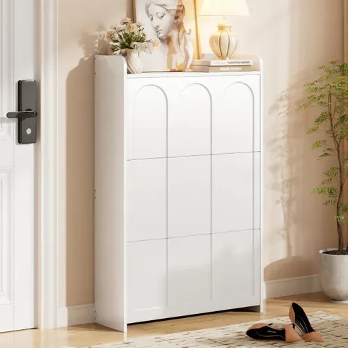 Meuble à Chaussures 70x25x120 Cm, 6 Compartiments Rabattables, 3 Portes à Bascule, Mdf, Blanc