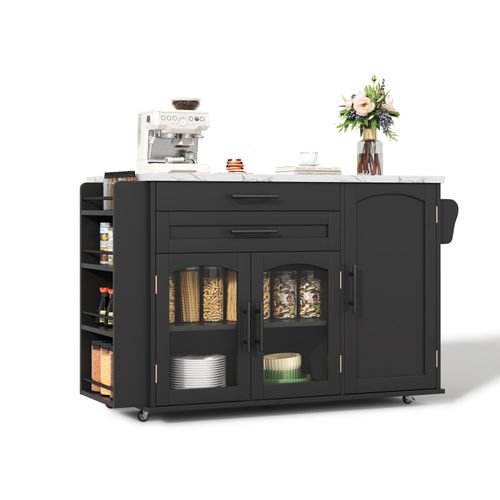 Îlot De Cuisine 120 X 45 (70) X 88.4 Cm, Plateau Rabattable, 3 Portes, Mdf, Couleur Noir + Blanc